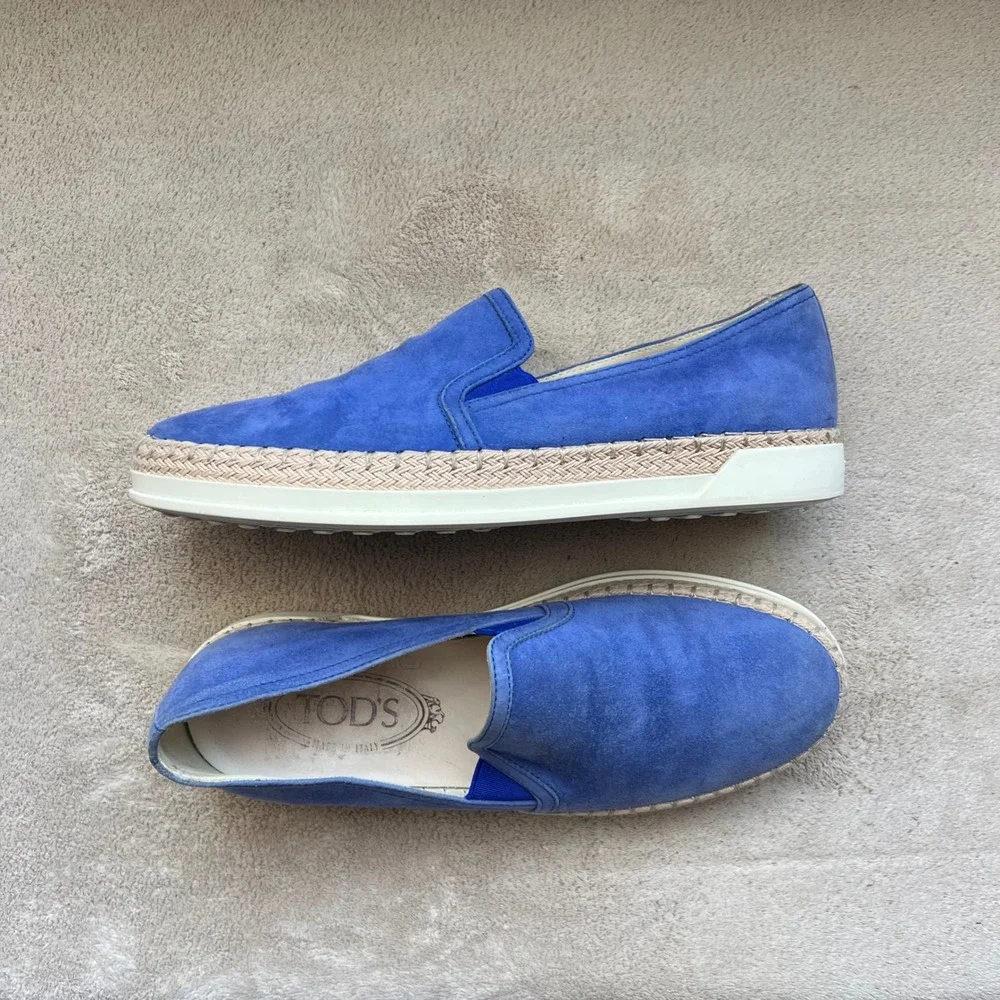 Tods Women 5.5 EU 36 Blue Suede Espadrille Slip On Sneaker Loafers Resort Travel